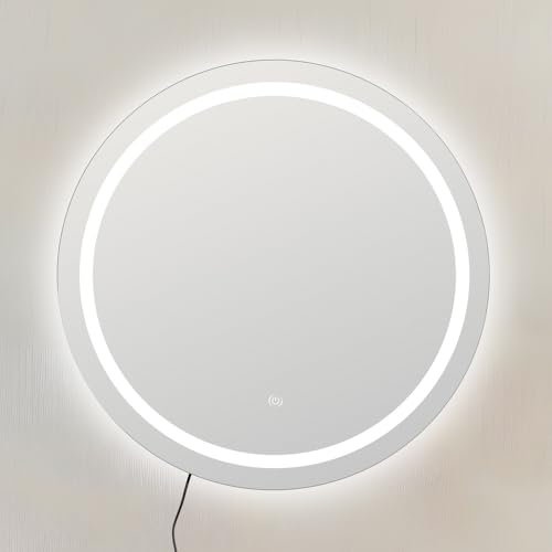 LOLAhome Espejo de Pared Redondo de 60 cm con Luz Led Blanca de 4500 Kelvin con Botón Táctil y Enchufe Europeo sin Marco para Baño, Vestidor o Decoración