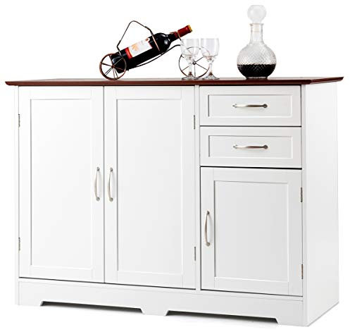 TANGZON Sideboard Storage Cabinet, Wooden Kitchen Cupboard with 3 Doors, 2 Drawers & Adjustable Shelf, Buffet Cabinet Organiser for Dining Living Room (110 x 40 x 78cm, White + Brown)