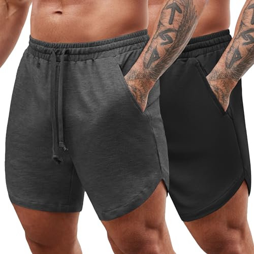 COOFANDY Shorts Herren Kurze Hosen Sommer Stretch Männer Sporthose Kurz mit Taschen 2er Pack Dunkelgrau/Schwarz L