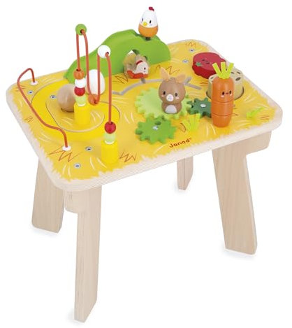 Janod - Holztisch mit dem Thema Bauernhof - 8 Aktivitäten für Kinder - Höhe der Tischplatte 32cm - Lernspielzeug - Förderung der Feinmotorik - Tisch aus FSC-Holz - Ab 12 Monate, J03321