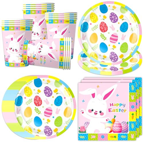 Bikasun Set Piatti per Pasqua, coniglietto pasquale Carta Pasqua Tovaglioli, Stoviglie per Feste Pasqua Piatti per 16 ospiti, carta, tazze, tovaglioli per compleanno, baby shower, decorazione