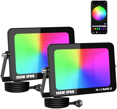 SKYWORLD 2 x 150W Foco LED RGB Exterior, Proyector LED Multicolor Impermeable, Control de APP, Luz de Inundación RGB Foco de Colores Smart LED Floodlights para Jardín Parque Hotel Terraza