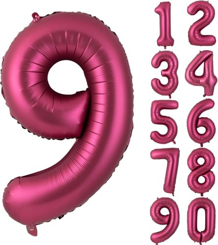 Ballons en forme de chiffre, 101 cm, bordeaux, feuille de vigne, à l'hélium, grands ballons pour décoration d'anniversaire, de fête, d'anniversaire (numérique 9)