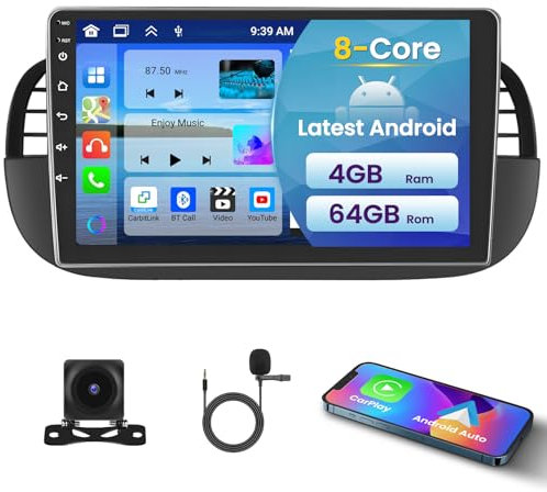 Inefala 8 Core/4+64GB Autoradio Android per FIAT 500 2007-2015, Stereo Auto con Wireless Carplay e Android Auto, 9 Touchscreen Radio con GPS Bluetooth WiFi 32EQ DSP 59UI RDS Retrocamera