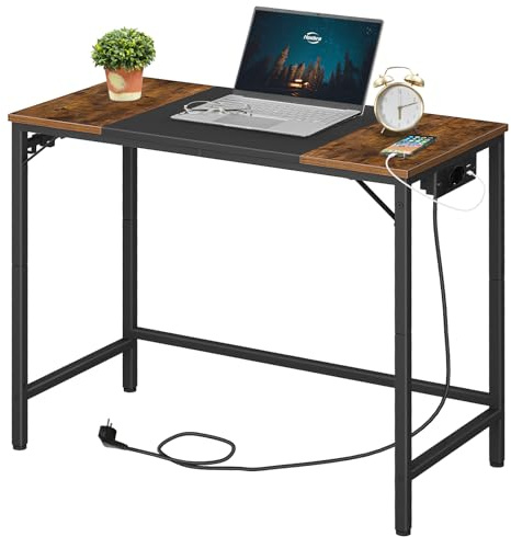 HOOBRO Escritorio, Mesa de Estudio con Regleta, Escritorio de Estilo Industrial con 3 Ganchos, Marco de Metal, para Oficina en Casa, Teletrabajo, Salón, Marrón Rústico y Negro EBF40CDN01N1