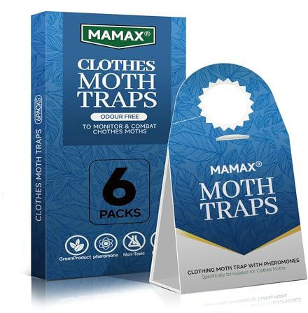MAMAX Clothes Moth Traps with Pheromones, 6-Pack, Odour-Free, Non-Toxic Pest Control for Wardrobe and Carpet Protection.