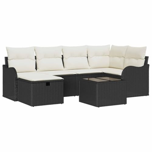 vidaXL Garten-Sofa-Set mit Kissen 7 pcs Schwarz Poly Rattan, Modularer Lounge-Set für draussen, leichtes Rattan, UV-beständig, mit Stauraum, lockere Gartensitzplätze