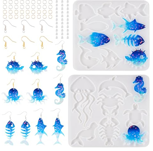 Sparkeads Lot de 2 moules en silicone sur le thème de l'océan, crabe, poisson, résine époxy avec crochets de boucles d'oreilles, anneaux ouverts et écrous d'oreille pour la fabrication de bijoux époxy
