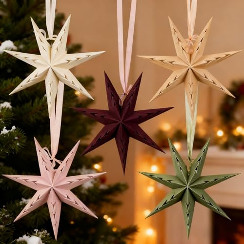 5er Set Papiersterne mit Samt Burgund 30cm Orange Faltstern Weihnachten Dekoration Dunkelgrün 7 Zacken Beige Rosa Faltsterne für Weihnachtsdeko Geburtstag Tischdeko