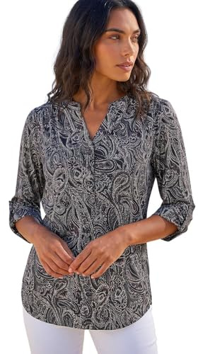 Roman Shirt for Women UK Ladies Top Collarless Blouse Stretchy Tunic Smart Casual Autumn Winter Jersey 3/4 Length Sleeve Notch V Neck Flattering Office Work - Paisley Grey - Size 16