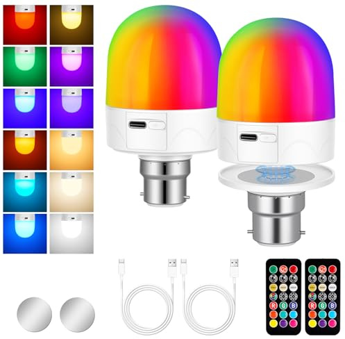 AUAUY B22 Rechargeable Light Bulb, 3W Battery Powered Light Bulb, 2 Pack | with Magnetic Base Detachable, 9 RGB, 3 Color Temperature Dimmable and Timing Bulbs with Remote Control for Bedroom, Camping