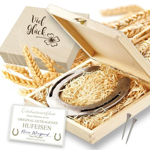 4youDesign | Hufeisen Geschenk in Holzbox – Echtes getragenes Hufeisen mit Echtheitszertifikat | zur Hochzeit, zum Einzug, Richtfest, Geburt oder zum Geburtstag | Motiv: Kleeblatt Glück