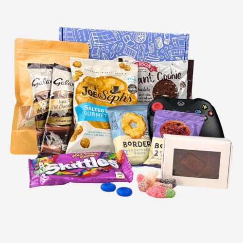 Nibula Treats Gaming Gift Box – Ultimate Gamer Snack Pack with Fudge, Cookies, Popcorn, Hot Drinks, Sweets & Controller Thumb Grips – Gift Hamper for Xbox, PlayStation & PC Gamers