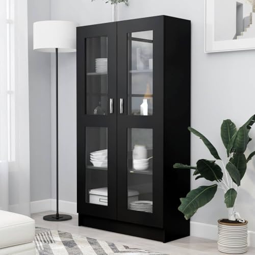 Owoxanthellate Bücherschrank Schwarz 82,5x30,5x150 cm aus Holzwerkstoff und Glas Vitrine mit 4 Fächern Modernes Standregal für Living Room Bedroom Corridor