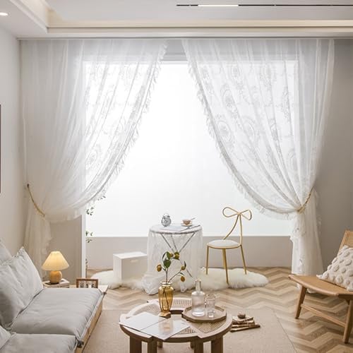 Fmorgen Französische Spitzenvorhang Durchlässig Spitzenvorhang, 2 Stück Spitzengardinen Gardinen Vintage-Fensterbehandlung Ösenvorhang für Wohnzimmer Schlafzimmer (White-140x100CM)