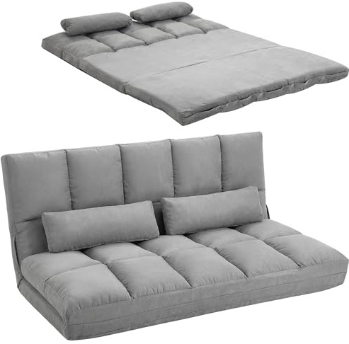 HOMCOM Bodensofa Schlafsofa Bodensofa mit 3-stufig verstellbar Rückenlehne, 5-stufig verstellbar Kopfstütze, Klappsessel mit 2 Kissen Sofabett Hellgrau 130 x 73 x 60 cm