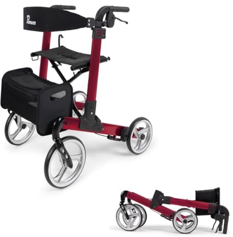 Parvum Luxo Rollator - Leicht & 2-fach faltbar – Mit integriertem Bremssystem, gepolsterter Sitz- und Rückenlehne, Tasche, Stockhalter – 6,9 kg – Gehhilfe für Senioren 160-182 cm - Rubinrot, Medium