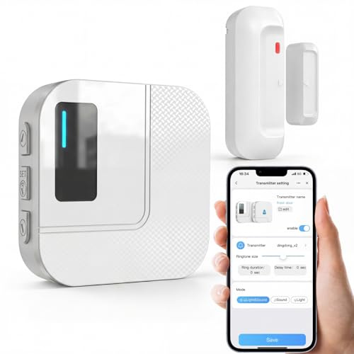 SanJie Door Sensor Alarm with APP Notifications 1 Sensor 1 Receiver 2.4GHz | 500 FT Range,20 Chimes Kids Safety & Dementia Care,WiFi Door Open Alarm Chime When Entering for Home/Store/Office
