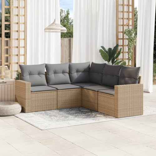 Hommdiy 5-TLG. Garten-Sofagarnitur Gartenmöbel Set Gartensofa in L-Form,Outdoor Lounge Sofa Rattan,Garten Ecksofa mit Kissen Beige Poly Rattan