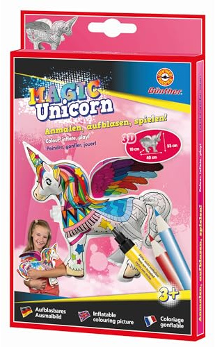 Günther Flugspiele 1592 - Aufblasbares Ausmalbild Magic Unicorn, ca. 40 x 10 x 33 cm, Einhorn zum Ausmalen und Aufblasen, für Kinder ab 3 Jahren