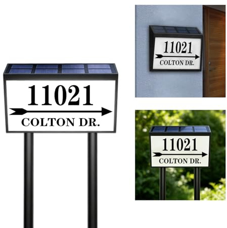 Custom Solar House Numbers For Outside, Custom Arrow Sign, Personalized LED Illuminated Home Number Address Sign, Auto On/Off LED Lighted Outdoor Address Number Plate for Yard Garden Home Decor