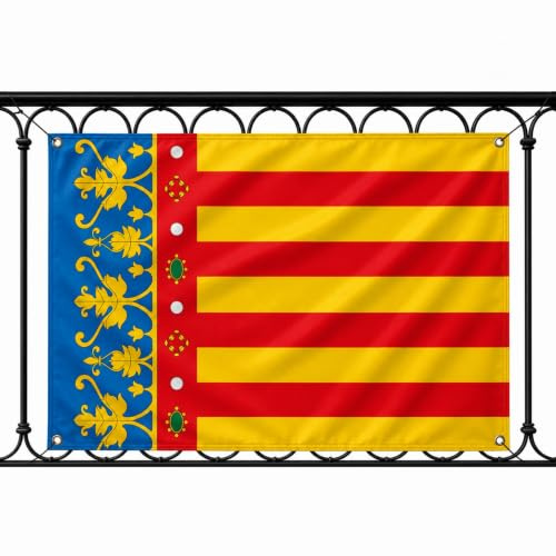 Bandera Comunidad Valenciana 90x150cm, Bandera Senyera con 4 Ojales de Latón, Valencian Community flag, Banderas de Comunidades para exterior, Material Poliéster, Impresión ambas caras