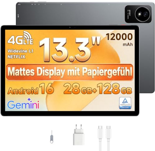 BMAX Tablet 13,3 Android 16, 4G LTE Dual SIM, 28GB RAM 128GB ROM | Schermo Opaco Effetto Carta Antiriflesso, 12000mAh, Gemini AI, Widevine L1 FHD, Octa Core, Protezione Occhi, GMS, GPS, USB-C