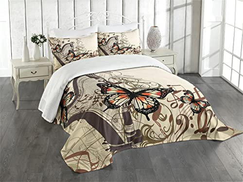 ABAKUHAUS Schmetterlinge Tagesdecke Set, Harfe Ornament Schmetterling, Set mit Kissenbezügen Klare Farben, für Doppelbetten 264 x 220 cm, Orange Schwarz Creme