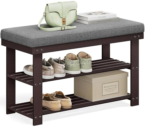 SONGMICS Bamboo Shoe Bench, 3-Tier Shoe Rack Organizer for Entryway, Living Room, Bench Seat Holds Up to 300 lb, 11.9 x 28.3 x 19.2 Inches, Rustic Walnut and Slate Gray ULBS604CG