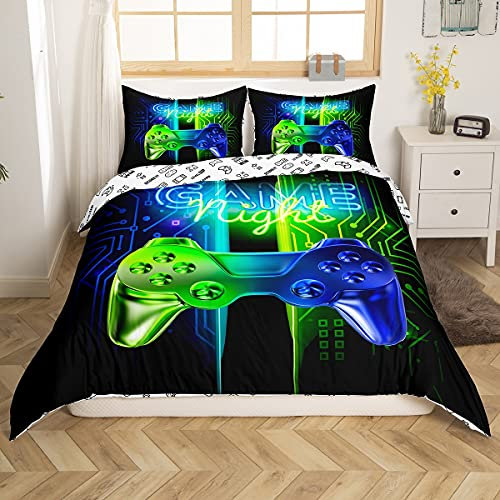 Loussiesd Kids Gaming Bedding Duvet Cover Boys Gamepad Video Game Comforter Cover Teens Bedroom Decor Microfiber Soft Modern Game Controller Games Duvet Cover Gradient Blue Green Bedspread,Single