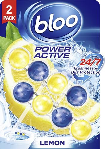 Bloo Power Active Toilet Rim Block Lemon, with Anti-Limescale, Cleaning Foam, Dirt Protection and Extra Freshness - Pack of 2 Rimblocks