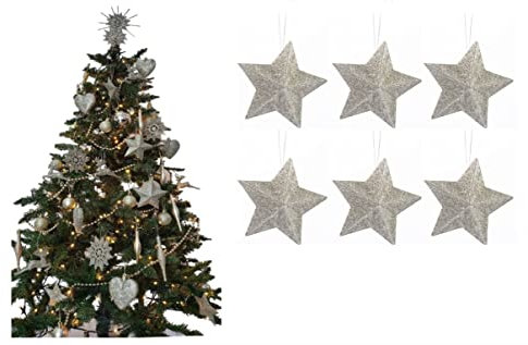 Pack of 6-8cm 3D Glitter Star Baubles Christmas Tree Decorations (Champagne (Gold))