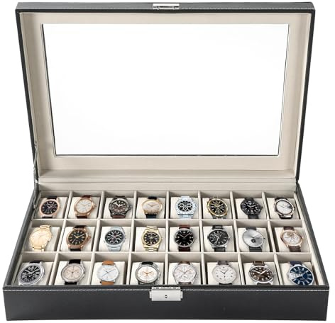 FLKQC 24 Slots Watch Box | Watch Case Display Organizer, Watch Display Case Glass Top for Men Women PU Leather Display Storage Collection Organizer Jewelry Case with Removable Pillows