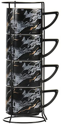 All-Pie Cappuccino Cups Set Tea Mugs 210ML Stackable Set of 4 Ceramics Coffee Cup with Cups Stand (Black)