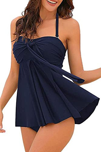NLAND Costume da Bagno Donna Due Pezzi retrò Tankini Set Push Up Halter Costumi da Mare Stampa Floreale Spiaggia Piscina Beachwear Swimwear(Blu Marino,M)