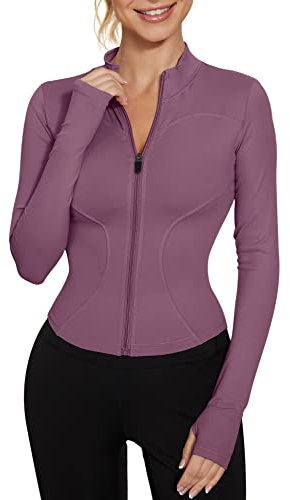 LUYAA Vestes d'entraînement pour femme avec fermeture éclair intégrale pour yoga, course à pied, haut court à manches longues, violet, taille M, violet