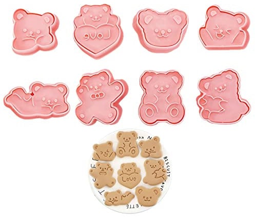 OTKARXUS Bear Cookie Cutters Set - 8 Pcs 3D Cartoon Teddy Bear Biscuit Cutters, Plastic Cookie Stamps Emboss Molds for DIY Fondant Pastry Cake Baking Tool