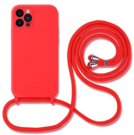 Hadwii Coque pour 14 Plus Étui avec Cordon de Collier, Silicone Souple Doublure en Microfibre Douce Anti-Rayure Antichoc Protection Bumper Réglable Lanyard Housse pour iPhone 14 Plus, Rouge