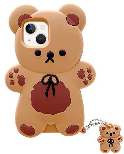 Yatchen Bear Case Compatible with iPhone 14,Kawaii Phone Cases Cute 3D Cartoon Teddy Bear with Keychain Women Girls Soft Silicone Shockproof Cover for iPhone 14