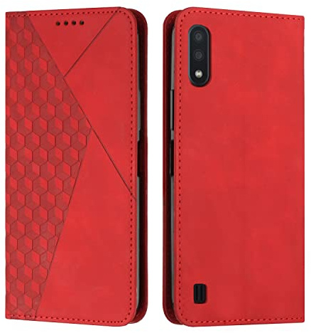KOUYI Kompatible mit Samsung Galaxy M10 / A10 Hülle, Retro Premium PU Leder Weich TPU Klapphülle Kartenfächer Magnetic Standfunktion Flip Wallet Shockproof Handyhülle (Rot)