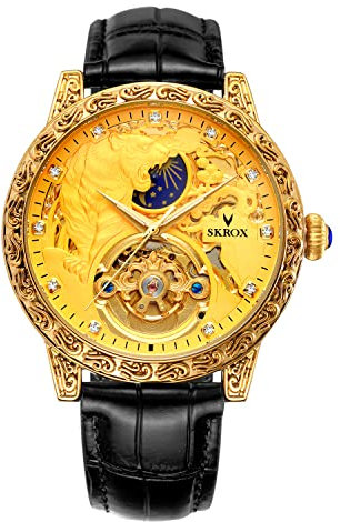FORSINING Men's Watches Luxury Skeleton Moon Phase Automatic Self-Winding Watches with Genuine Leather Strap (Gold and Black)
