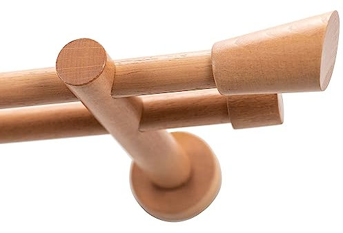 Garesa Gardinenstange Molis Ø 20mm, 2-läufig, Rotbuche I Stabile Vorhangstange ohne Ringe I Mit Endknopf Keil I Auch für mittelschwere Vorhänge I 220cm