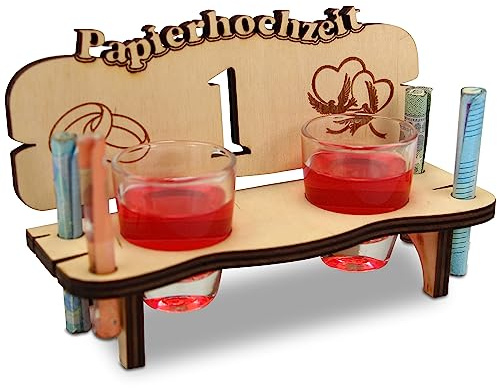 Urhome Hochzeit Schnapsbank aus Holz und 2 Schnapsgläser - 1. Hochzeitstag zur Papierhochzeit - Hochzeitsbank mit Gläser zum Jubiläum Jahrestag - Hochzeitsgeschenk für Brautpaar