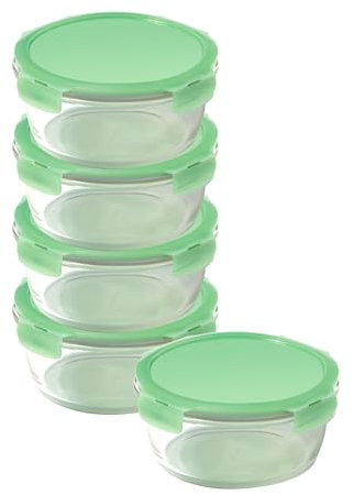 LocknLock Eco Ovenglass Glass Food Containers with Lids Set of 5 - Airtight, Leakproof Round Food Storage Containers with Recycled Plastic Lids, Oven Safe, Dishwasher Safe, 5 x 950ml