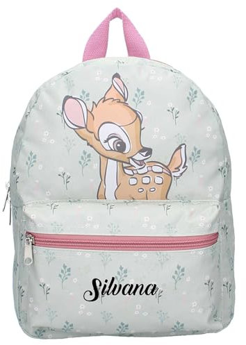 Personalisierter Kindergarten-Rucksack Disney Bambi mit Name Mädchen | Kleiner Rucksack Kinder Grün mit Blümchen