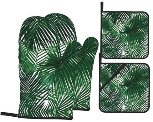 Ensemble de gants antidérapants et maniques - Gants de barbecue et gants de four résistants aux flammes, parfaits pour la cuisine et la cuisson au four - Feuilles de palmier