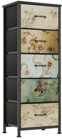 CAIYUN Chest of Drawers Bedroom with 5 Drawers, Tall Fabric Dressers with Flower Printing, Dresser for Entryway Hallway Living Room, Closet Storage Drawer, Bedside Table