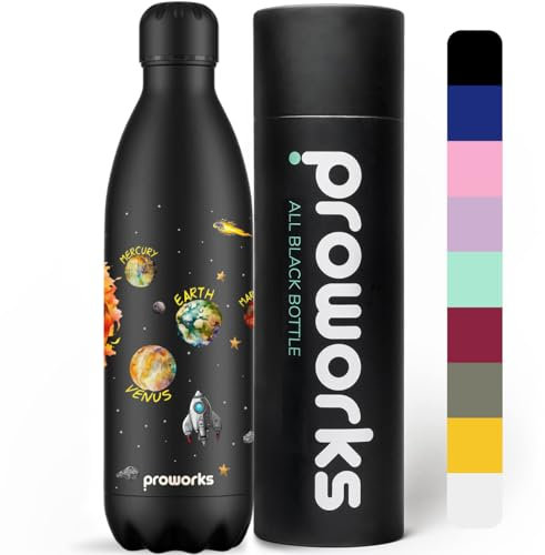 Proworks Edelstahl-Trinkflasche, 24 Stunden kalt und 12 Stunden heiß – Vakuum-Wasserflasche – isolierte Flasche für Sport, Laufen, Radfahren, Yoga, Wandern und Camping – 1 Liter – komplett schwarz