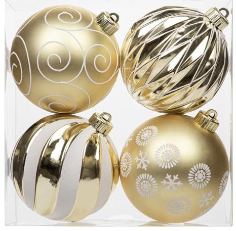Ø12cm 4er-Set Weihnachtskugeln Große Kunststoff Christbaumkugeln Weihnachtsdeko Weihnachtsbaumschmuck Set Ornament Weihnachten Deko für Weihnachtsbaum Christbaumkugeln, Gold-Weiß