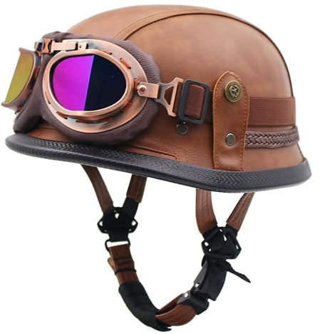 Retro Cuir Casque À Face Ouverte,Demi-Casques De Moto À L'allemande Scooter avec Lunettes Mobylette Casques Jet De Moto pour Homme Et Femme ECE Homologué Casque Moto Bols 12,XL:61-62CM
